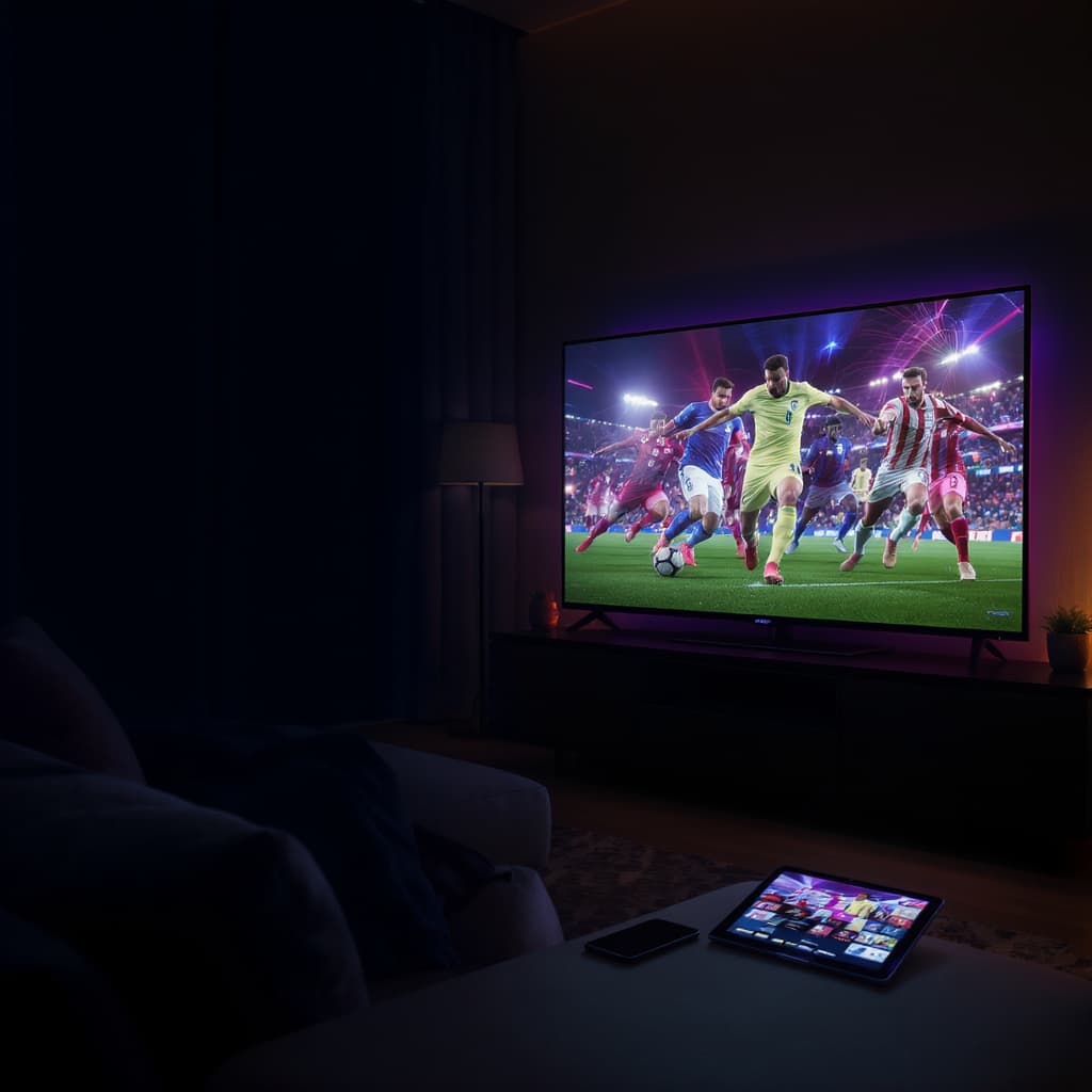 Family living room lit by TV glow, with a television, phone and tablet all streaming entertainment at once — one subscription serving every screen in the home.